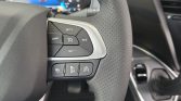 Left-side steering wheel controls for cruise control: SET+, RES, SET−, CANC; tactile buttons on perforated leather with dashboard display in background.