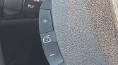 Close-up of a car steering wheel with three buttons: a plus sign, a cruise control icon, and a minus button on a curved panel.