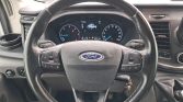 Steering wheel with Ford emblem and integrated controls, dash cluster visible behind it