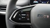 Close-up of a car steering wheel left-side control panel with cruise control buttons: SET-, OK, RES+, and arrows, with a digital gauge display in the background.