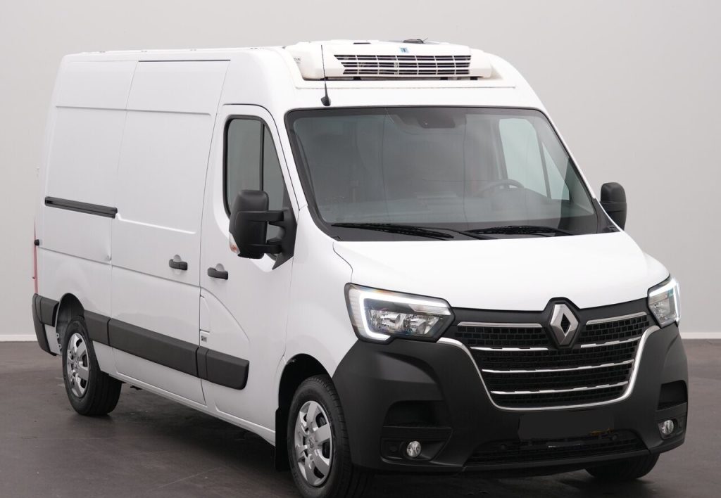 White Renault cargo van with a refrigerated unit on the roof, front grille and headlights visible, angled showroom photo