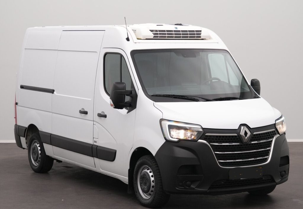 White Renault cargo van with a refrigeration unit on the roof, shown in a front-three-quarter view.