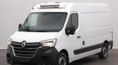 White Renault cargo van seen from a front-three-quarter view, with a rooftop refrigeration unit and black bumper guards; clean, blank side panels ready for cargo.