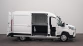 White cargo van with side and rear doors open, exposing empty cargo area.