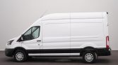 White high-roof cargo van shown in side profile with black bumper and trim, plain side door panels, and rear lights visible at the back