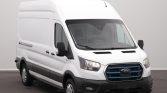 Front three-quarter view of a white Ford cargo van with a high roof and black bumper in a studio setting