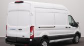 White high-roof cargo van photographed from the rear-right, door panels closed, clean and unmarked exterior for delivery use.