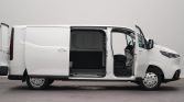 White cargo van with the side door slid open, exposing an empty cargo area and the front cab.