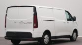 Rear-right view of a white Maxus Deliver 7 cargo van with closed double doors and black bumper in a studio setting