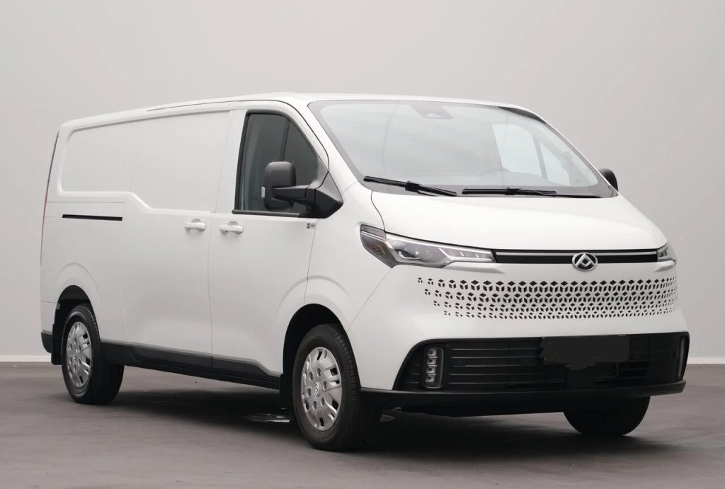 White cargo van seen from the front-left, showing a modern grille and black lower bumper area.