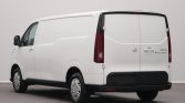 White cargo van shown from a rear-left angle with closed side and rear doors in a studio setting