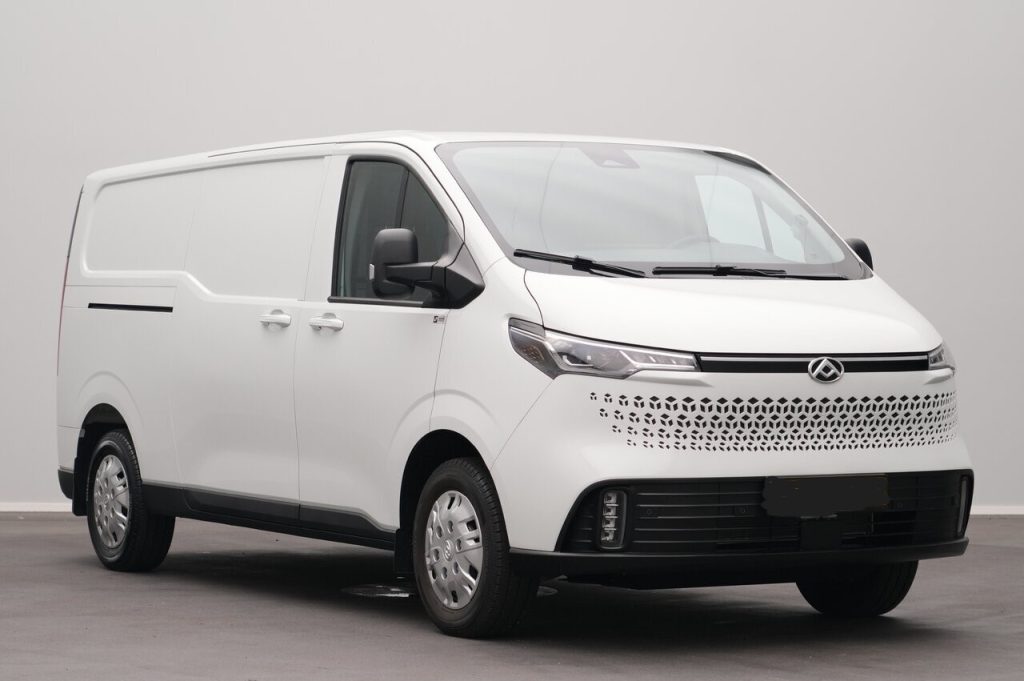 White cargo van pictured from a front-side angle, showcasing a modern grille and black bumpers/trim. Used for commercial transport or delivery.