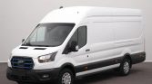 White Ford cargo van with high roof, parked in a studio setting, showing side and front profiles for a vehicle listing