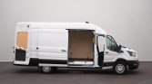 White cargo van with side and rear doors open, revealing an empty plywood-lined cargo area.
