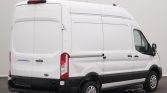 White high-roof cargo van viewed from the rear-left with closed double doors and Ford badge in a studio setting.