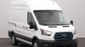 White Ford cargo van with a high roof, front grille, and black bumper, shown in a neutral studio setting.