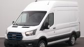 Front three-quarter view of a white Ford cargo van with a high roof and black bumper in a studio setting
