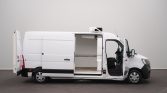 White cargo van with side and rear doors open, revealing empty cargo space.