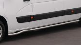 White cargo van side with black protective panels, orange reflectors, and chrome running board along the bottom edge