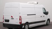 White Renault Master cargo van with rear doors closed, side panels, and a roof-mounted refrigeration unit.