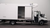 White refrigerated box truck with its side cargo door open, revealing metal shelves inside the box area.