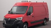 Red Renault cargo van with a rooftop refrigeration unit, shown from the front-left side, in a neutral studio setting at rest.