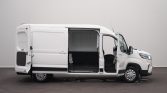 White cargo van with side and rear doors open, showing empty cargo area.