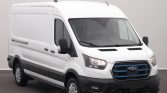White Ford Transit-style cargo van with a high roof, shown in a studio setting from a three-quarter front view.